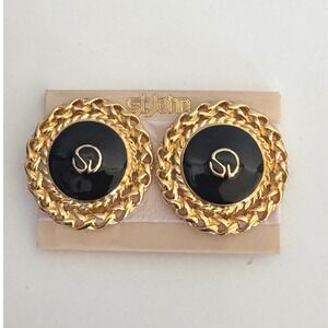 Vintage St John Logo Gold Tone Old Money Black Enamel Clip On Statement Earrings